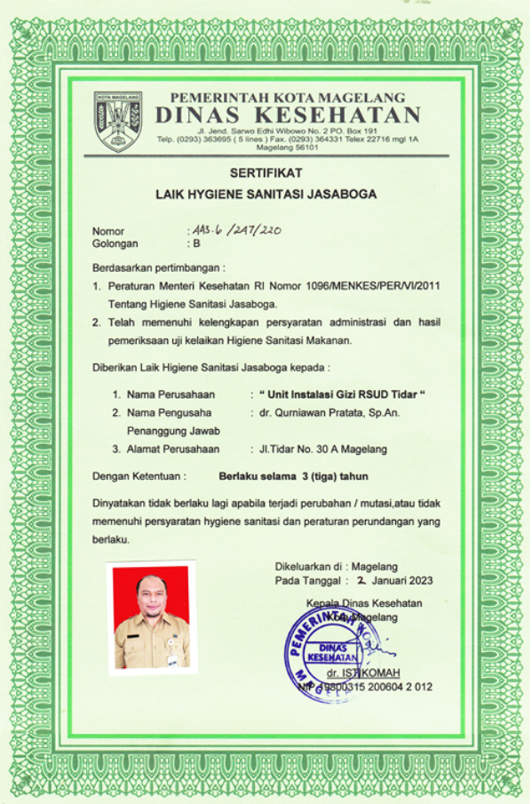 Sertifikat Laik Hygiene Sanitasi Jasa Boga